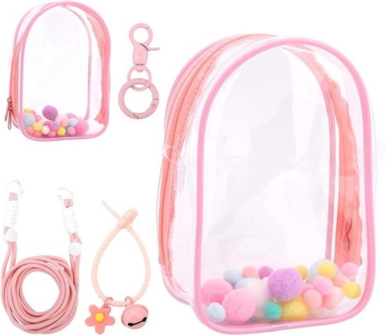 Doorzichtige Figuur Vitrine Draagtas met Sleutelhanger - Beschermhoes voor Pluchen Poppen - PVC Opbergtas voor 15cm Poppen - Roze.
