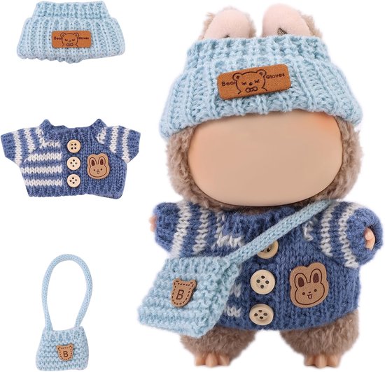 Driedelige set van een blauw gestreepte poppentrui - Geschikt voor labubu's kleiner dan 17 cm - Konijnenknooptrui + berenmuts + wollen schoudertas (alleen poppenkleding, pop niet inbegrepen) - Pluche poppenkleding van FINGERTIP DREAMS