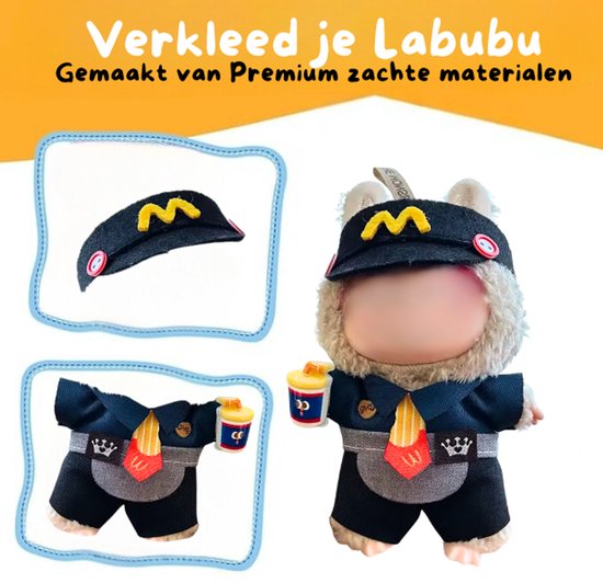 Fastfood Medewerker Outfit Kleding Blauw - Met Stropdas en Drankje in Hand - Speelse Cute Outfit Accessoire Geschikt voor Labubu (Pop Niet Inbegrepen) van Merkloos