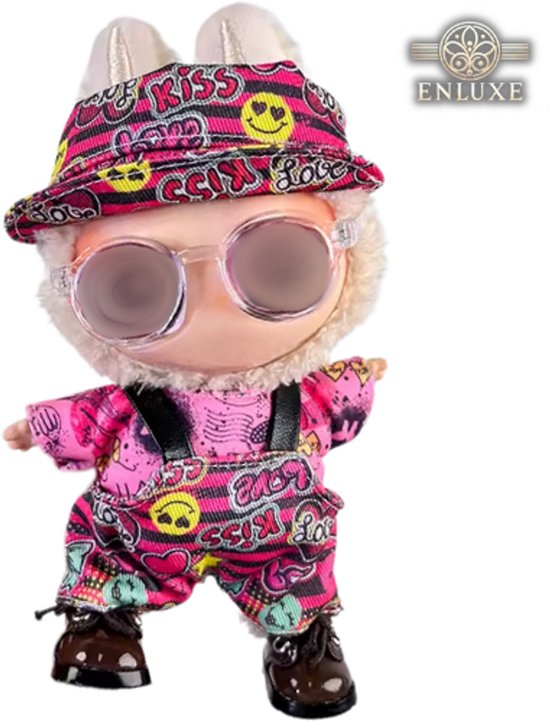 Festival Outfitje Kleding – In Velle Roze en Blauwe Kleuren – Met Brilletje en Schoentjes – Speels & Cute Accessoire Geschikt voor Labubu (Pop Niet Inbegrepen) van Merkloos