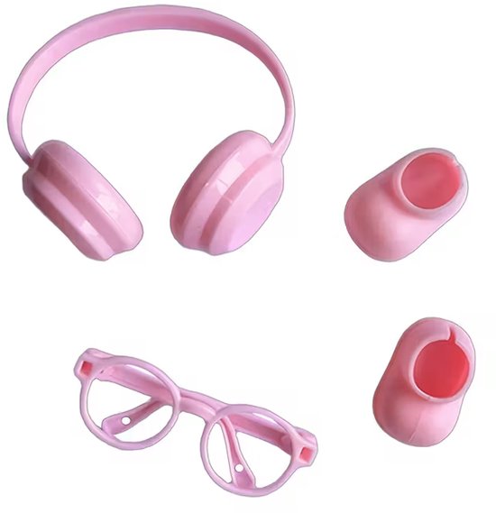 GEAR3000® set schoenen - bril - headset - roze - accessoires voor Labubu pop van 17 cm van Merkloos