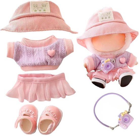 Geschikt voor Labubu - 5-delige Labubu poppenkledingset - Geschikt voor poppen van 15-17 cm lang - Draagbare en verwijderbare kledingset - Inclusief camera-accessoire, schoenen, hoed en kleding - Pop niet inbegrepen van Merkloos