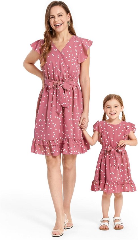 Gestippelde Jurk voor Moeder en Dochter met Flattermouwen - Perfecte Familie Matching Outfits van Merkloos