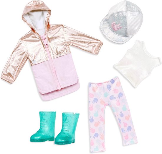 Glitterende Outfit voor 35,5 cm Poppen - Jasje, Ball Cap, Regenlaarzen, Leggings en Top - Speelgoed voor Kinderen vanaf 3 Jaar