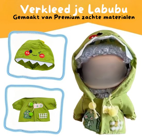 Groene Poppenkleding - Met Dinoregenjas - Cute & Stoer Geschikt voor Labubu van Merkloos