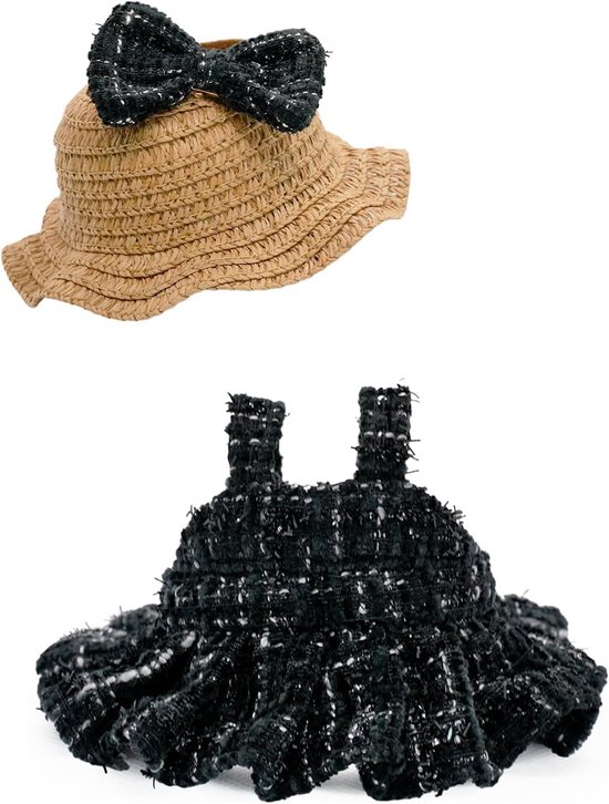 Handgemaakte 3-delige Poppenkleding Set (17 cm) - Zwart Jurk, Hoed & Strik