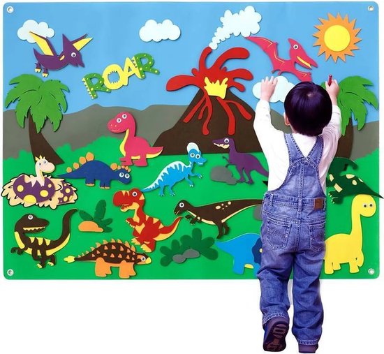 Jojoy Vilten Verhalen Set voor Kinderen - Creatief Educatief Speelgoed met 30 Stickers en Flanel Bord - Thema's: School, Boerderij, Dinosaurus - FELTLAND dinoland van Jojoy