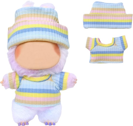 Joya Kids® Verkleedset voor Bubu Pop Blauw/Geel/Beige gestreepte Shirt en Muts | Regenboog kleuren Outfit voor 17 cm Mart Figuren | Kleding & Bescherming in Één | Pop niet inbegrepen van Merkloos