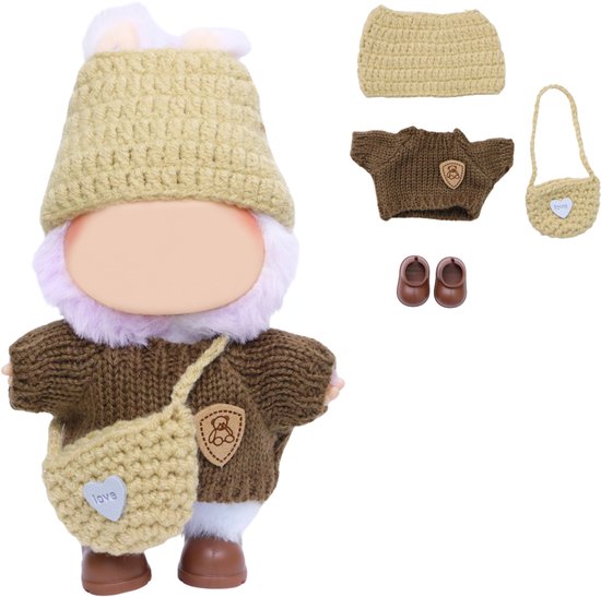 Joya Kids® Verkleedset voor Labubu Pop Bruin Gebreid Pakje met Muts, Schoudertas & Schoenen - Outfit voor 17 cm Mart Figuren - Kleding & Bescherming in Één - Pop niet inbegrepen van Joya Kids