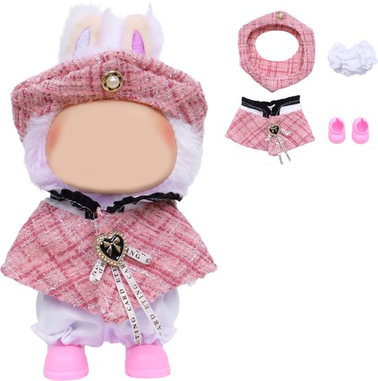 Joya Kids® Verkleedset voor Labubu Pop Roze Tweed Cape, Baret, Broekje & Schoentjes - Elegante Outfit voor 17 cm Mart Figuren - Kleding & Bescherming in Één - Pop niet inbegrepen van Joya Kids