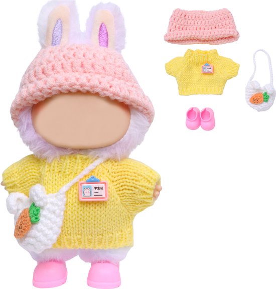 Joya Kids® Verkleedset voor populaire Pop Geel en Roze Gebreid Pakje met Muts, Schoudertas & Schoenen - Outfit voor 17 cm Mart Figuren - Kleding & Bescherming in Één - Pop niet inbegrepen van Merkloos