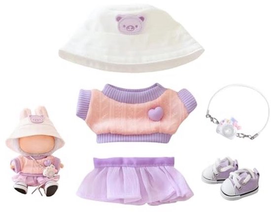 Kawaii paarse outfit set voor 15 cm en 17 cm poppen - 5 stuks kledingaccessoires van Merkloos