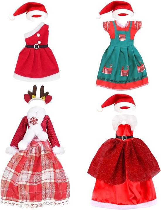 Kerstoutfits voor poppen van 30 cm, 4-delige kledingset inclusief jurken en mutsen van Merkloos
