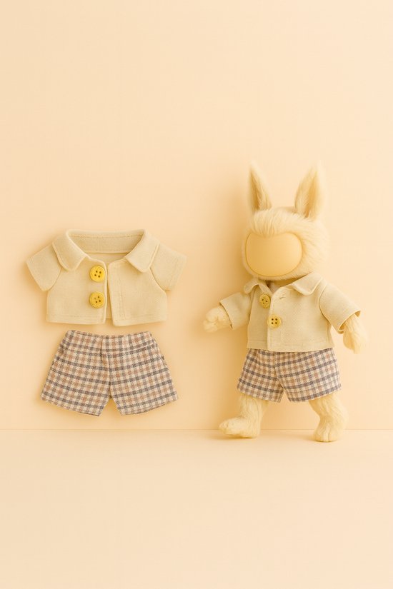 Kledingset geschikt voor Labubu – Beige blouse met knopen en geruite rok – voor 15-17 cm Labubu poppen (Big Into Energy, Macarons, Have a Seat) van Merkloos