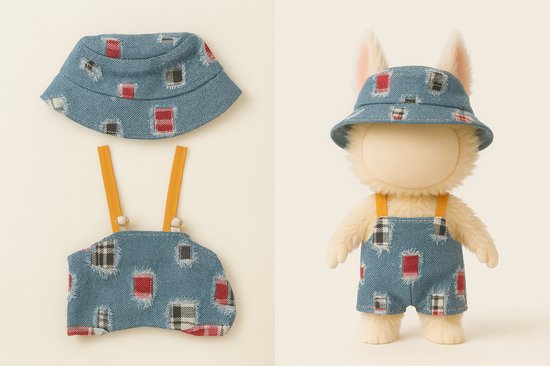Kledingset geschikt voor Labubu – Denim patchwork tuinbroek met bijpassende bucket hat – voor 15-17 cm Labubu poppen (Big Into Energy, Macarons, Have a Seat) van Merkloos