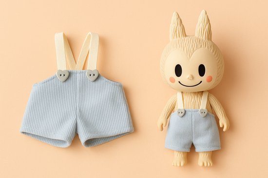 Kledingset geschikt voor Labubu – Denim short met bretels – voor 15-17 cm Labubu poppen (Big Into Energy, Macarons, Have a Seat) | Labubu Kleding | Labubu Kleren van Merkloos