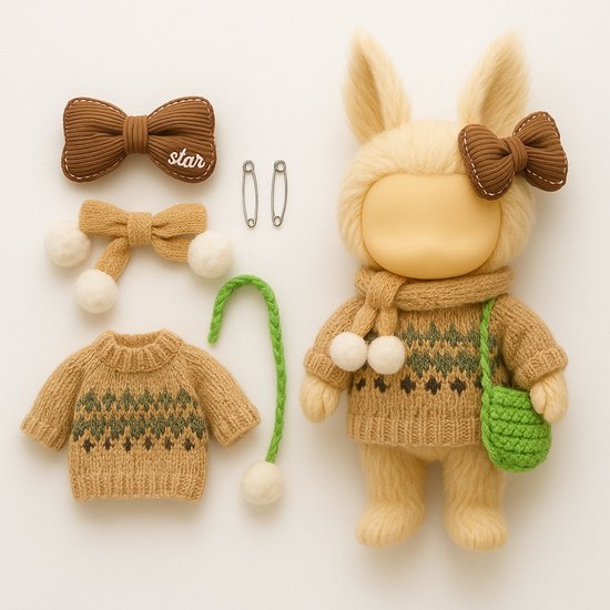 Kledingset geschikt voor Labubu – gebreide trui, groene tas, strik en sjaal – voor 15-17 cm Labubu poppen | Labubu Kleding | Labubu Kleren van Merkloos
