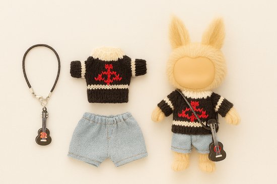 Kledingset geschikt voor Labubu – gebreide trui met rood motief, jeans short en gitaar tasje – voor 15-17 cm Labubu poppen | Labubu Kleding | Labubu Kleren van Merkloos