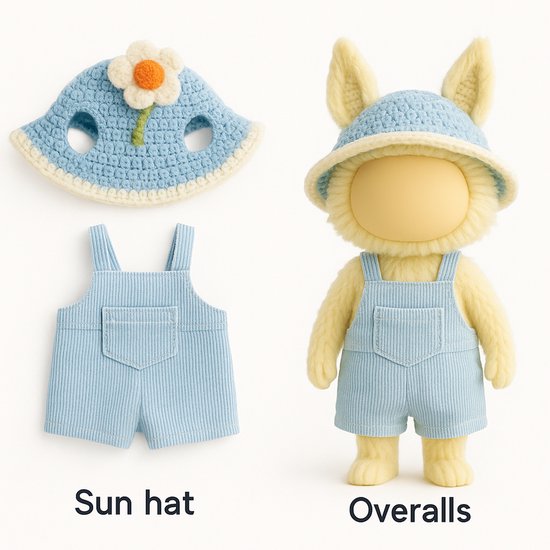 Kledingset geschikt voor Labubu – gehaakte blauwe hoed met bloem & lichtblauwe short-overall – voor 15-17 cm Labubu poppen | Labubu Kleding | Labubu Kleren van Merkloos