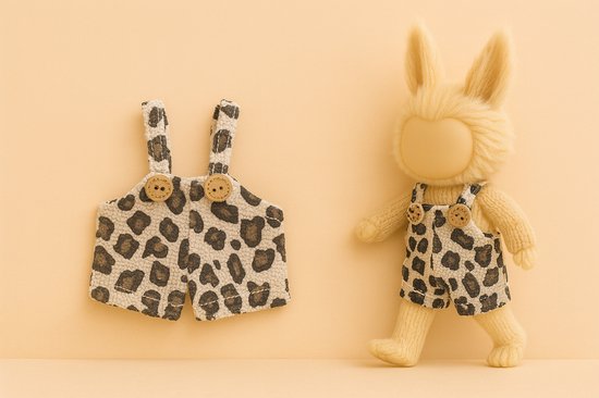 Kledingset geschikt voor Labubu – Luipaardprint tuinbroekje met knoopdetail – voor 15-17 cm Labubu poppen (Big Into Energy, Macarons, Have a Seat) | Labubu Kleding | Labubu Kleren van Merkloos