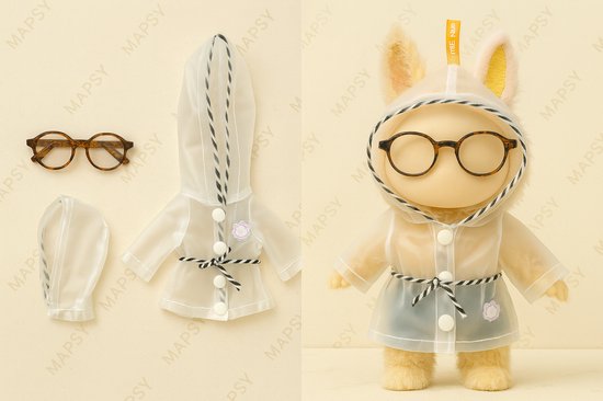 Kledingset geschikt voor Labubu – Regenjasje met capuchon en mini bril – voor 15-17 cm Labubu poppen (Big Into Energy, Macarons, Have a Seat) van Merkloos