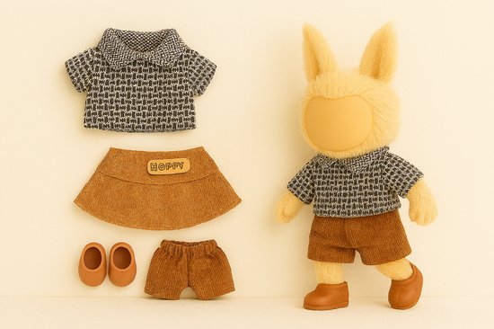 Kledingset geschikt voor Labubu – zwart-wit top, bruine 'Happy' hoed, bruine broekje en schoentjes – voor 15-17 cm Labubu poppen | Labubu Kleding | Labubu Kleren van Merkloos