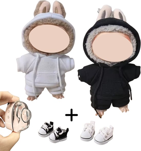 Kledingset voor Labubu – 2 Joggingpakken in Zwart & Grijs + 2 paar Sneakers & Backpack – Poppenkleding voor 17 cm Labubu Pop – Compleet Accessoirepakket van Fallow Fields.