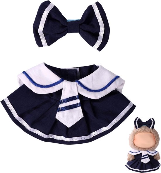 Kledingset voor poppen van 6,7 inch - geschikt voor Labubu's - schattige marineblauwe outfit - haarclipontwerp - verjaardagscadeau-accessoire (alleen outfit, pop niet inbegrepen) van Gazechimp