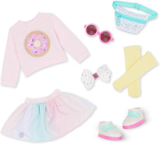 Kleurrijke poppenoutfit voor 35,6 cm poppen - Roze sweatshirt, rok, fanny pack en zonnebril - Speelgoed voor kinderen vanaf 3 jaar van Merkloos