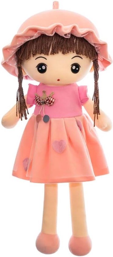 Knuffelpop Meisjes - Zachte Stoffen Pop - Kinderspeelgoed - Met Rok en Hoed - 60 cm - Roze