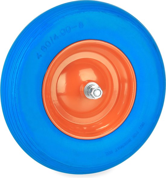 kruiwagenwiel 4.80 4.00-8 - massief rubber - stalen velg - met as - anti-lek - blauw-oranje van Matador.
