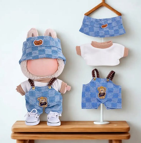 Labubu Outfit – Blauw Geruit met Beertjesdetail Kleding Geschikt voor Labubu Pop 17 cm Complete Outfit met Accessoires van Merkloos
