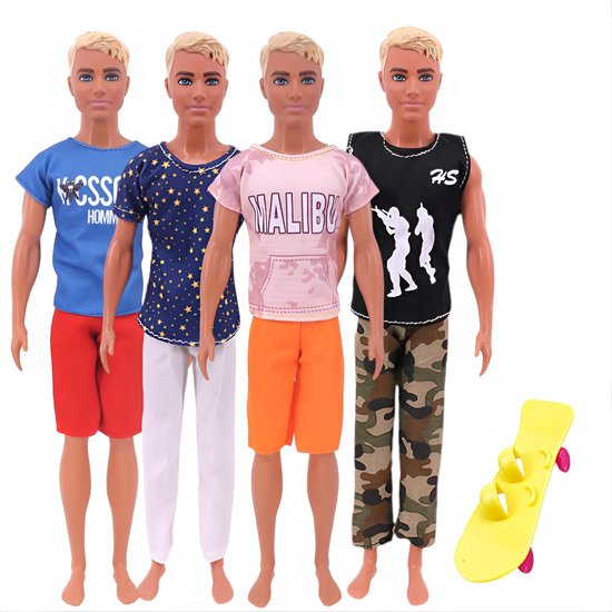 Lynn’s poppenkleertjes - Set ‘Ethan’ - Geschikt voor Ken van Barbie pop - Set van 4 outfits en 1 skateboard - Kleding voor modepoppen - Cadeauzakje van Merkloos