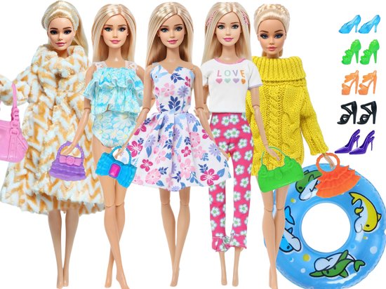 Lynn’s poppenkleertjes - Set ‘Jenna’ - Geschikt voor Barbie pop - 5 outfits, 5 paar schoenen, 5 handtassen, 1 zwemband - Alle seizoenen kledingset modepop - Cadeauzakje van Merkloos
