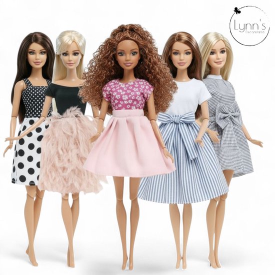 Lynn’s poppenkleertjes - Set ‘Madison’ - Geschikt voor modepop - Set van 5 jurken - Kleding voor modepoppen - Cadeauzakje van Merkloos