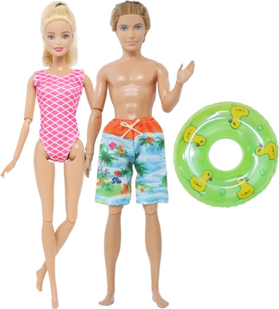 Lynn’s poppenkleertjes - Set ‘Robin’ - Geschikt voor Barbie pop & Ken pop - Set van 2 badkleding outfits en 1 zwemband - Badpak - Zomer - Kleding voor modepoppen - Cadeauzakje van Merkloos