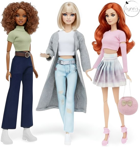 Lynn’s poppenkleertjes - Set ‘Zoë’ - Geschikt voor modepop - Set van 3 complete outfits - Inclusief schoenen en tas - Kledingset voor modepoppen - Cadeauzakje van Merkloos