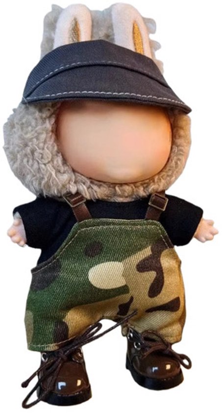 Mini Poppenkleding Set Army – Handgemaakte 17 cm Outfit voor Labubu Poppen – Bruin/zwart/leger groen Overalls met hoed – Alleen Kleding, Geen Pop, geen schoenen van Merkloos