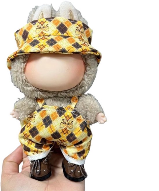 Mini Poppenkleding Set – Handgemaakte 17 cm Outfit voor Labubu Poppen – Geel oranje bruin geruite Overalls met Hoed – Alleen Kleding, Geen Pop, geen schoenen van FUNFELIX