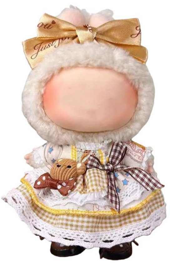 Mini Poppenkleding Set – Handgemaakte 17 cm Outfit voor Labubu Poppen – Geel/wit/bruin Overalls met Hoed – Alleen Kleding, Geen Pop, geen schoenen van Merkloos