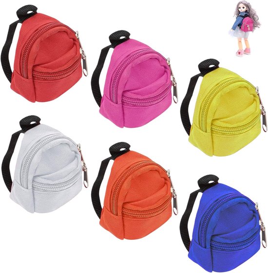 Mini rugzakjes voor poppen - 6 stuks - diverse kleuren - klein dubbelrits rugtas accessoire - voor poppoppen - voor speelpoppen kleding en spulletjes