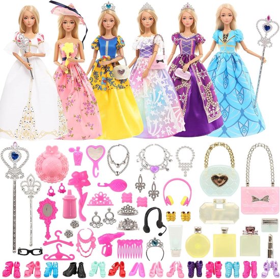 Miunana 55 prinsessenjurken, kleding, sieraden, accessoires, poppenkleding, feestavondjurken voor poppen = 6 avondjurken, 10 schoenen, 39 accessoires voor poppen