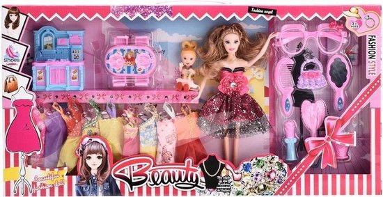 Modepop met 10 jurken poppenmeubeltjes en beauty set past op Barbie 65x33x6 van Merkloos