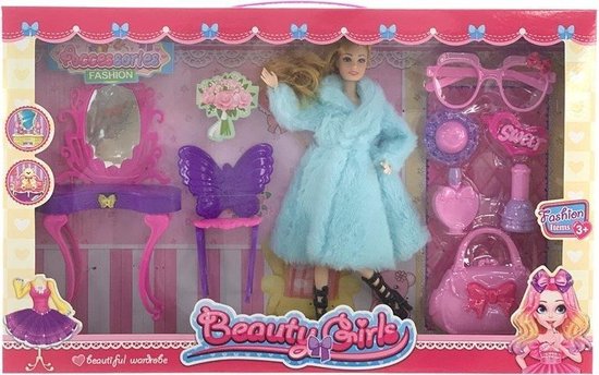 modepop met teddyjas poppenmeubel kaptafel en beautyset past ook met Barbie van Our Generation
