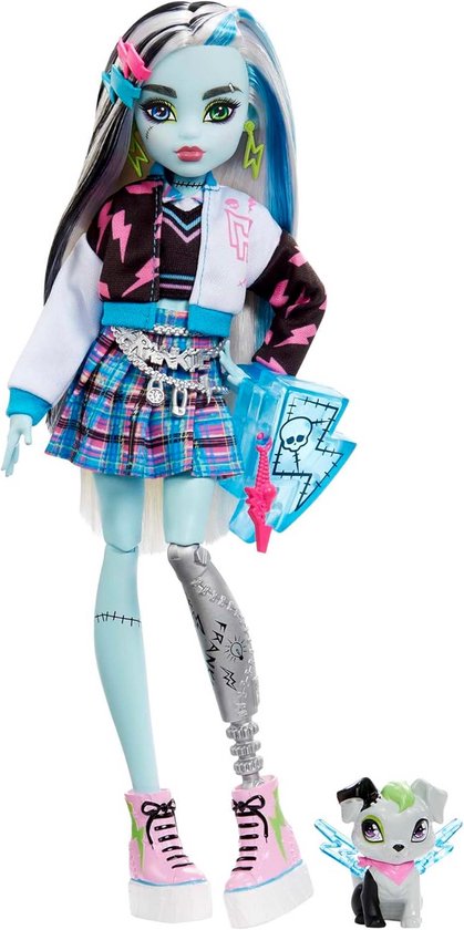 Monster High Pop - Beweegbare Modepop Frankie Stein met Accessoires en Dierenvriendje, Blauw-Zwart Gestreept Haar van Merkloos