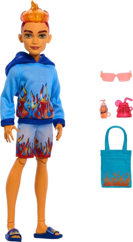 Monster High Scare-adise Island Heath Burns Pop met Vlammenhoodie, Zwembroek en Strandaccessoires