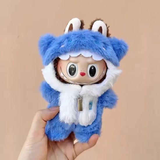 Monster Hoodie geschikt voor Labubu – Blauwe Onesie voor Poppen – Cute & Creepy Outfit Accessoire (Pop Niet Inbegrepen) van Merkloos