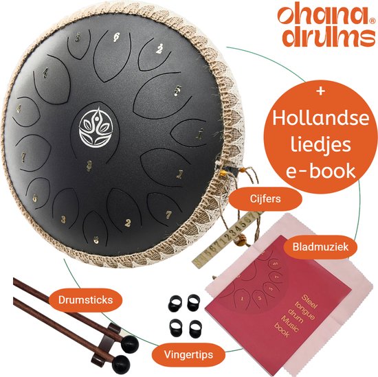 Ohana Drums® Handpan 36 cm Onyx Zwart – Tongue drum – Klankschaal – 15 noten Handpan - Tong Drum - Klankschalen – Yoga Drum – Lotus Tong - Muziekinstrument voor kinderen - Mindfulness muziektherapie - Percussie-instrumenten van Ohana Drums