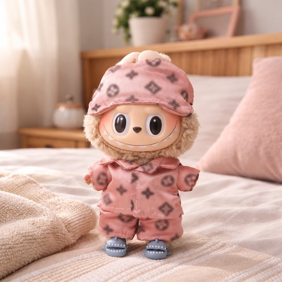 okido - Designer kleding Labubu 17cm - Schattige kleding poppen - Labubu Kleding geïnspireerde Pyjama - Luxe merken - Volledige outfit incl Oogmasker + Shirtje + Broekje + Slippers