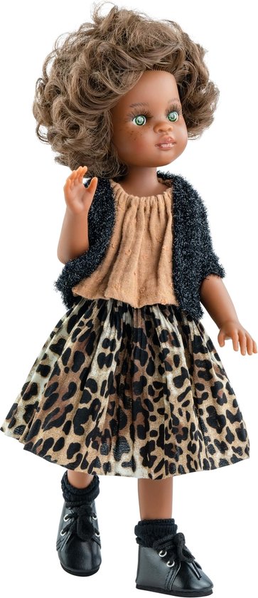 Paola Reina Pop Amigas Articulada Nora - Donker meisje met kort krullend bruin haar, groene ogen en sproeten (32cm) van Paola Reina